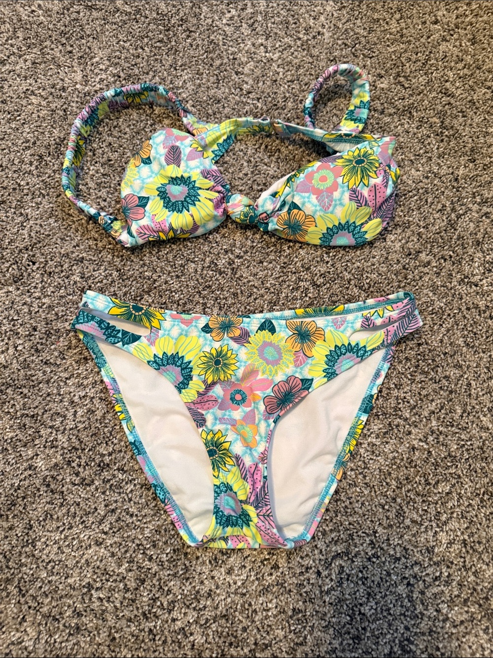 Floral Print Two-Piece Bikini - Yellow, Teal, Pink
